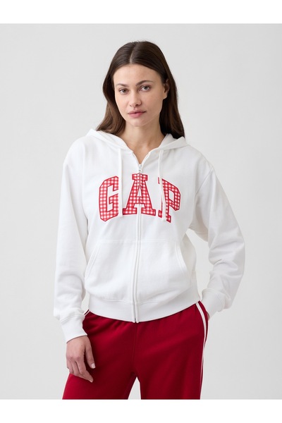 GAP Kadın Beyaz Logo Fermuarlı Fransız Havlu Kumaş Sweatshirt
