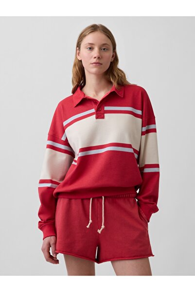 GAP Kadın Kırmızı Fransız Havlu Kumaş Oversized Polo Sweatshirt