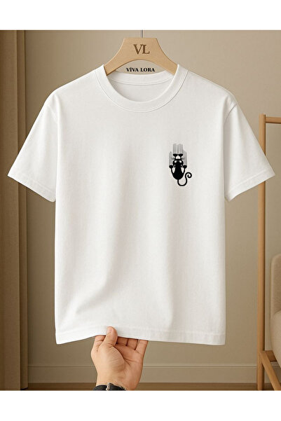 VİVA LORA Hirçin Cat Printed 100% Cotton Crew Neck Regular Unisex T-Shirt