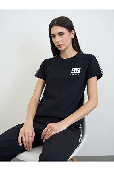 Styli Black Side Taping Striped Printed T-Shirt And Joggers Set