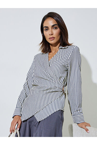 Styli Navy Blue Striped Long Sleeve Wrap Top