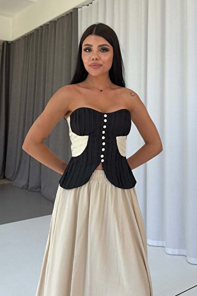 Mine Tan Butik Γυναικείος κορσές με σχέδιο πιλισέ - Μαύρο