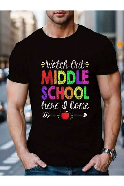 4CR تي شيرت رجالي أسود 100% قطن بطباعة "Watch Out Middle Here I Come" مضحك لل...
