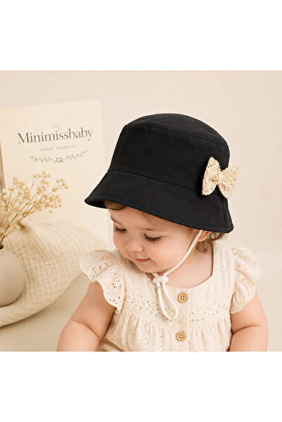 Minimissbaby Black Ecru Lace Bow Detailed Cotton Gabardine Baby Girl Bucket Hat