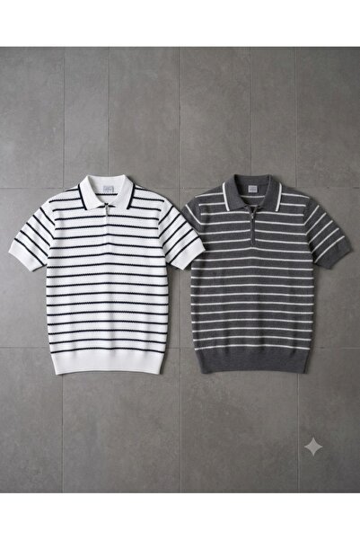 zs zaos fashion 2-Piece Set of Men's Short-Sleeved Poloyaka Striped Knitwear ...
