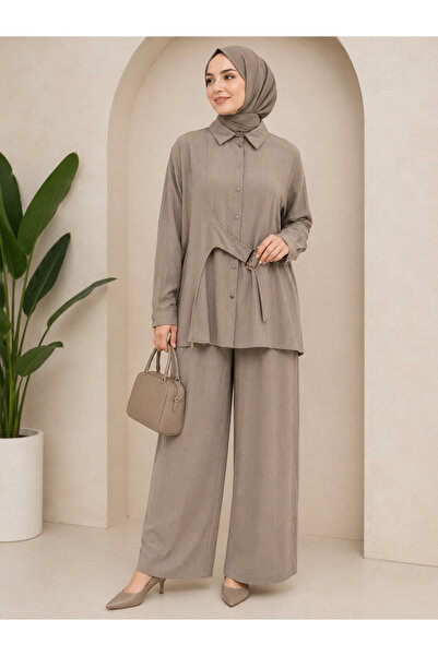 Kardelen Strawberry Kupra Fabric Belt Detailed Shirt and Trousers Double Set ...