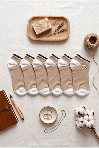 hadiora Women's White and Brown Teddy Bear Figured 6-Piece Booties Socks Set