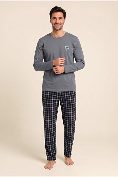 BAYKAR Men's Cotton Crew Neck Printed Long Sleeve Pajama Set 9814 Gray