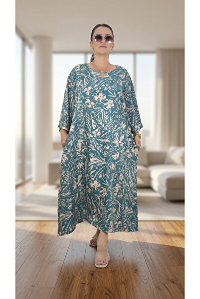 yagmurberen Pocketed Boat Neck Truvakar Sleeve Oversize Large Size Cotton Vis...