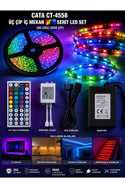 fortexyapı CT-4558 Üç Çip İç Mekan RGB Şerit Led Set (60 ledli 5050 çip) 500cm