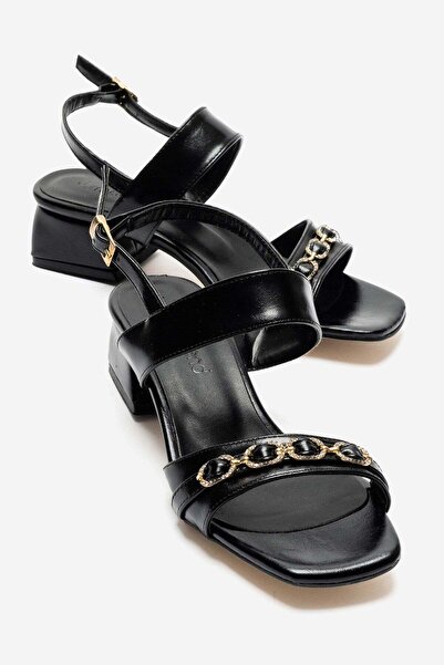 CCWAY AYAKKABI Women's Stoned Buckle Heeled Sandals Black Wrinkled