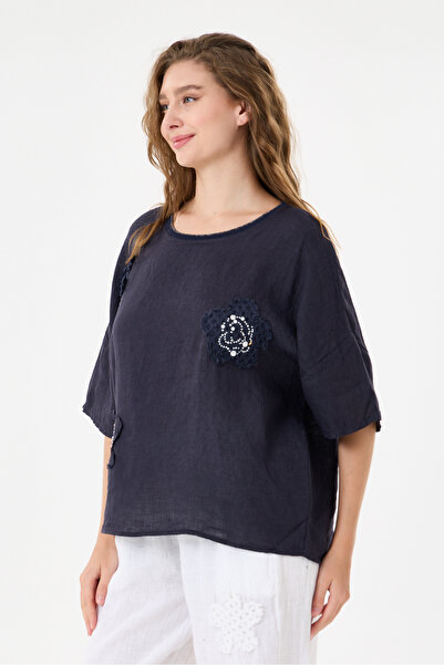 della moor Navy Blue Italian 100% Linen Stoned Oversize Linen Blouse Size 38 ...