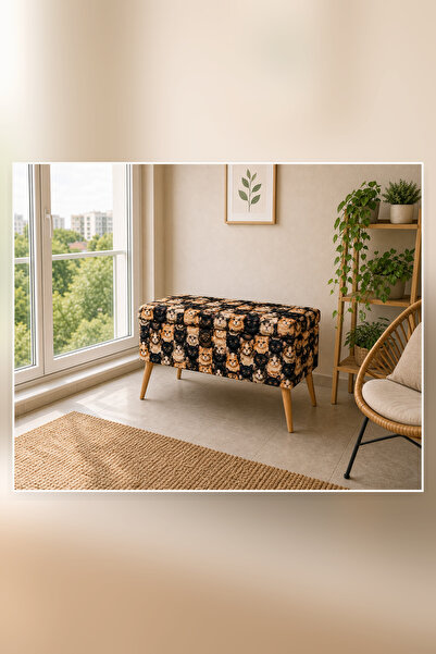 Üçöz Sandıklı Puf Bench Sevimli Kedi Desenli Ahşap Ayaklı Çocuk Odası Oturma ...
