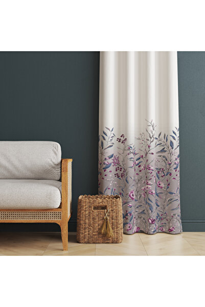 stellahomes Purple Floral and Leaf Patterned White Background Curtain – Moder...