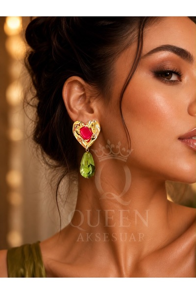 QUEEN AKSESUAR أقراط متدلية فاخرة أنيقة على شكل قلب ذهبي وردي وأخضر رخامي بمظ...