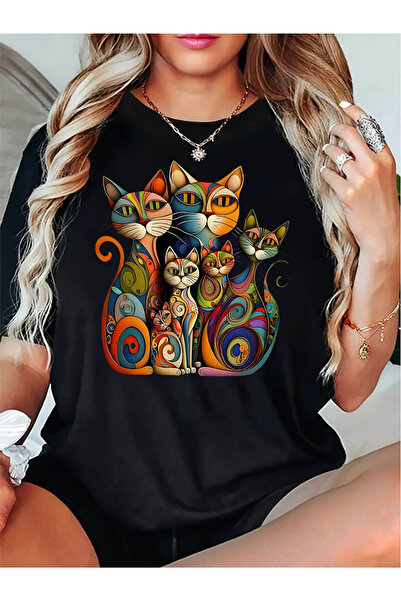 799 Colorful Cartoon Cat Print Women's Fashion T-Shirt- Casual Short Sleeve, ...