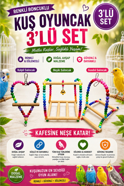 Petshop Doğal Ahşap Kuş Oyuncak Seti 3’lü | Kalpli Salıncak, Beşik Salıncak, ...