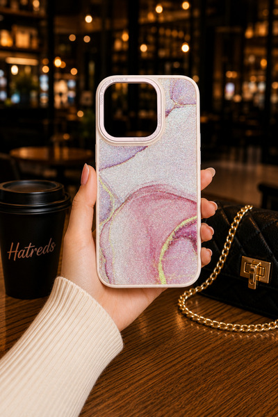 Hatreds iPhone 14 Pro Uyumlu Simli Mermer Desenli Parlak Korumalı Kılıf