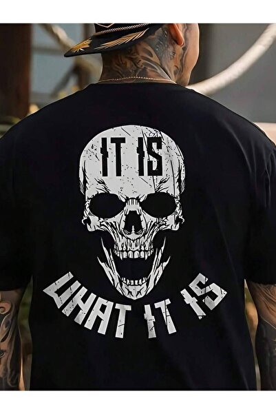 9TAY تي شيرت أسود بمقاسات كبيرة بتصميم جمجمة مع نص 'IT WHAT IT IS'، تي شيرت ك...