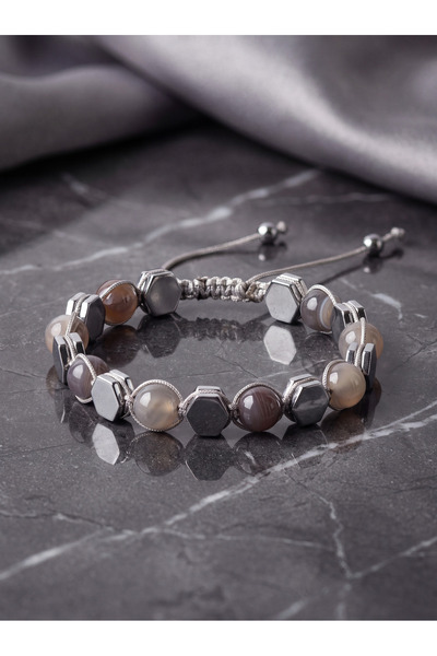 OSMANLI DEĞERLİ TAŞ Akik Botswana - Hematite Natural Stone Macrame Bracelet
