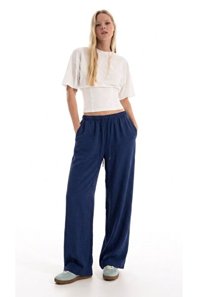 DAMGA JEANS Γυναικείο καλοκαιρινό άνετο λινό παντελόνι σε σκούρο μπλε χρώμα μ...