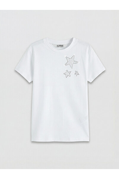 LC Waikiki Trendlucky Girls' T-Shirt with Oval Collar and Star Print