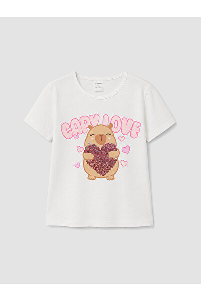 LC Waikiki Original Oval Collar Sequined Girls' T-Shirt