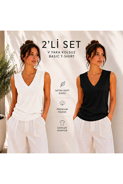 Hayalet Kadın V Yaka Kolsuz T-Shirt Ultra Soft Basic Bluz - Loose Fit/Bol Kesim