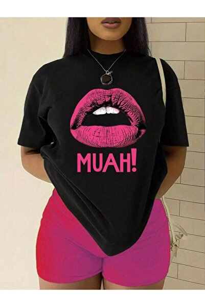 ZAVIXO Women's Pink Lip Print Oversize 100% Cotton Short Sleeve Casual Basic ...
