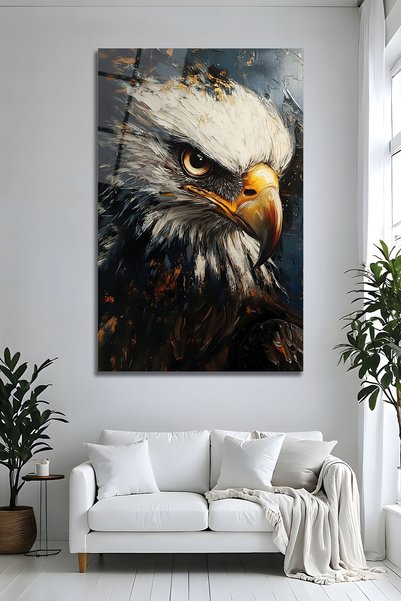 Parıltı Yayınları Kartal Portresi Lüks Modern Cam Tablo Yağlı Boya Dokulu Duv...