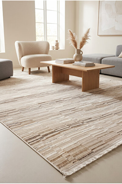 Pastel Modern Geometrik Desenli Krem Kahve Halı Oturma Odası Salon Yatak Odas...