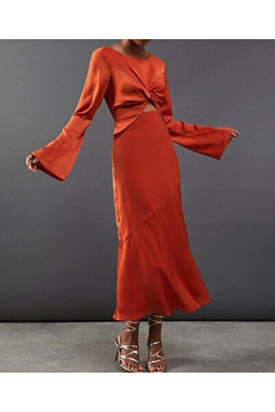 NO BRAND Rochie de satin portocalie, cu mânecă lungă, midi, Classic Warehouse 44