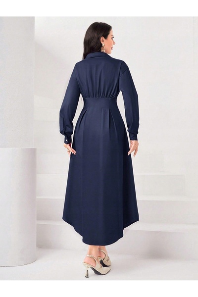 NO BRAND Rochie cămașă din bumbac, albastru marin, cu mânecă lungă, Midaxi Sh...