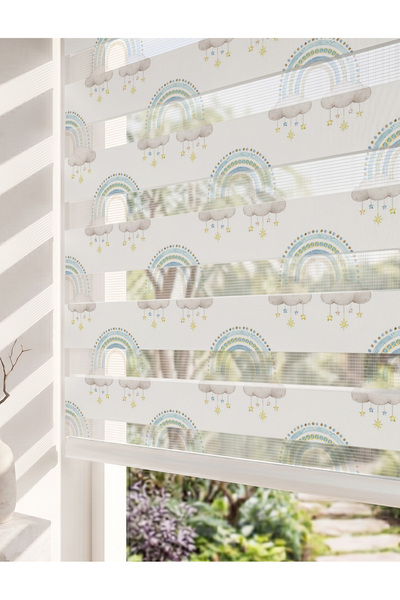 AD Home Pastel Gökkuşağı ve Bulutlar Dijital Baskılı Bebek Odası Zebra Perde