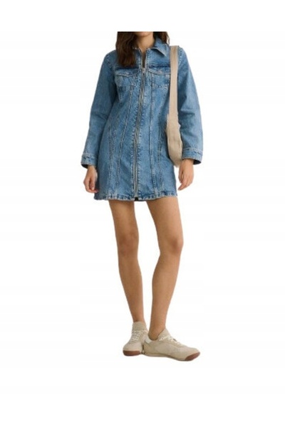 NO BRAND Rochie mini din denim albastru, din bumbac, cu mânecă lungă și fermo...