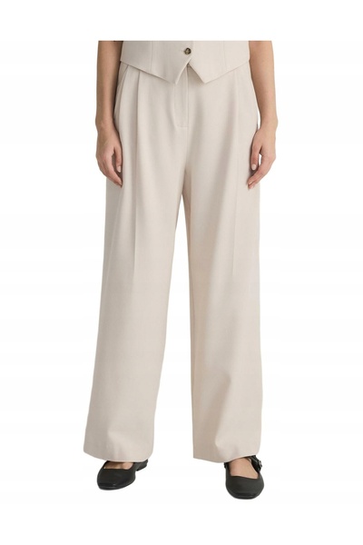 NO BRAND Pantaloni din stofă bej, țesătură netedă, croială dreaptă, picior la...