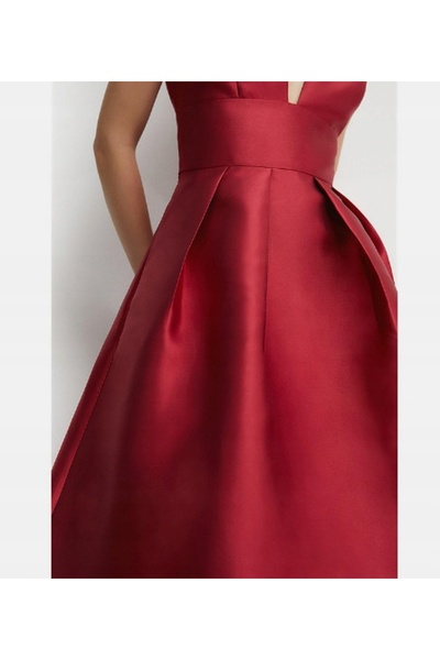 NO BRAND Rochie midi roșie cu decolteu adânc, cu imperfecțiuni, culoare uni, ...