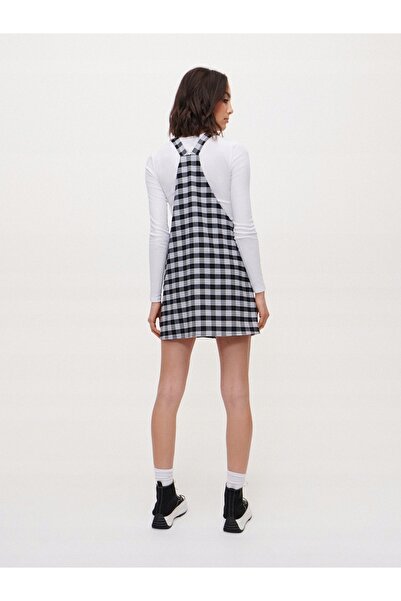 NO BRAND Rochie mini tip salopetă, negru-alb, trapezoidală, cu fermoar, în ca...