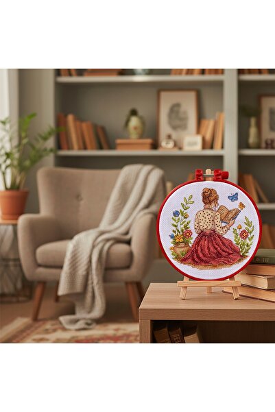 NO BRAND Kit de broderie punct în cruce: femeie cu carte pe pajiște florală -...