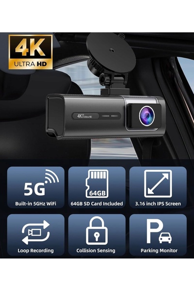 NO BRAND Cameră auto 4K Ultra HD cu GPS, Wi-Fi și cameră de marșarier