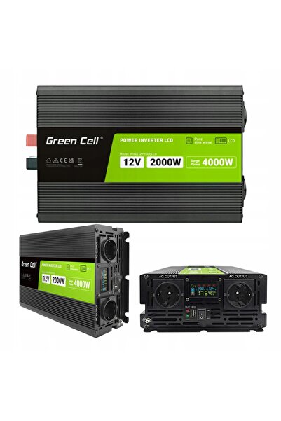 NO BRAND Green Cell 12V 2000W / 4000W Invertor auto LCD cu undă sinusoidală
