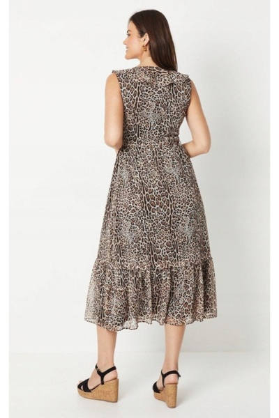 NO BRAND Rochie midi maro cu imprimeu animal, din șifon, cu volane și nasturi...