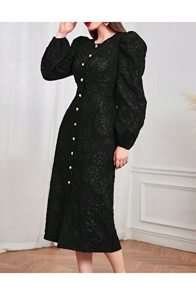 NO BRAND Shein 36 Rochie de cocktail dreaptă, midi, neagră, jacquard, cu mâne...