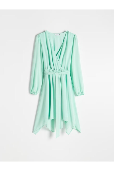 NO BRAND Rochie asimetrică Seledynowa cu mâneci lungi, guler petrecut, curea, XL