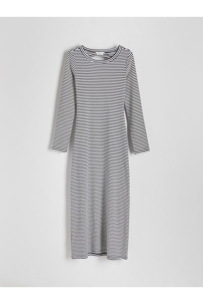 NO BRAND Rochie maxi albă din bumbac, cu dungi, cu mânecă lungă și spatele de...
