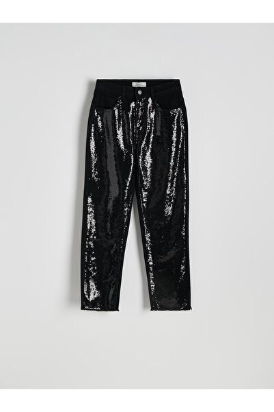 NO BRAND Pantaloni negri din bumbac, blugi cu paiete, lungime 7/8, cu buzunar...