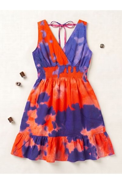 Flubutik Women's Short Double-Breasted Collared Skirt Ruffled Woven Dress Purple Orange