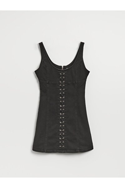 NO BRAND Rochie cu bretele din denim de bumbac negru, cu efect spălăcit, mări...