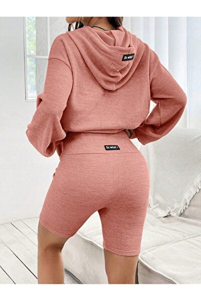 NO BRAND Set tricotat roz, hanorac texturat și pantaloni scurți Shein 34