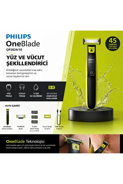 Philips OneBlade QP2824/10 Yüz ve Vücut Şekilendirici Şarjlı Su Geçirmez 45 D...